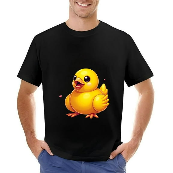 Men's Cotton Short Sleeve T-Shirt with Playful Yellow Design and Pink Hearts - Cheerful Graphic Tee