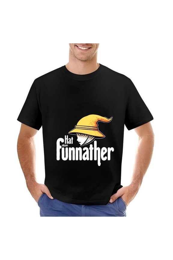 Men's Cotton Short Sleeve T-Shirt with Playful Yellow Wizard Hat Graphic & Whimsical ' Hat een Funnaher ' Text