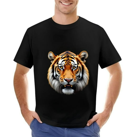 Men's Cotton Short Sleeve T-Shirt with Realistic Tiger Face Illustration - Striking Orange & Intense Eyes on Black Background