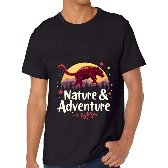 Men's Cotton Short Sleeve T-Shirt with Red Bear Walking Among Trees at Sunset Nature & Design Floral and Star Accents