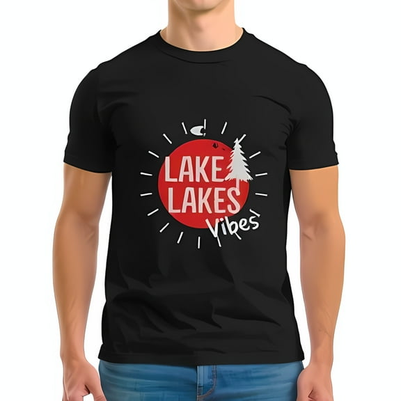 Men's Cotton Short Sleeve T-Shirt with Red Circular 'LAKE LAKES' Design Pine Tree Graphic & Radiating Lines