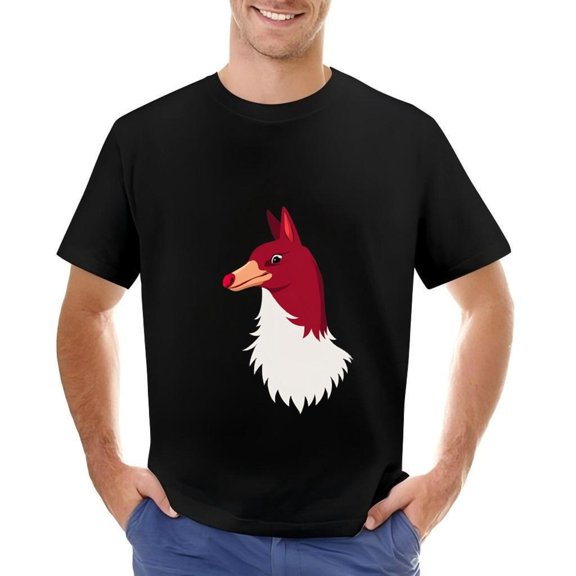 Men's Cotton Short Sleeve T-Shirt with Red Fox Design - Profile View with White Neck & Pink Nose on Black Background
