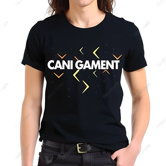 Men's Cotton Short Sleeve T-Shirt with Retro 'CANI GAMENT' Graphic and Vibrant Arrow Pattern in Orange and Yellow