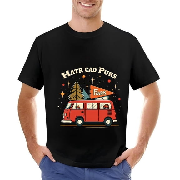 Men's Cotton Short Sleeve T-Shirt with Retro Camping Van Design Pine Tree & ' FARK ' Pennant Cozy Vibe