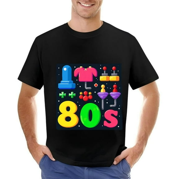 Men's Cotton Short Sleeve T-Shirt with Retro Gaming & Fitness - Colorful 80s Graphic Design