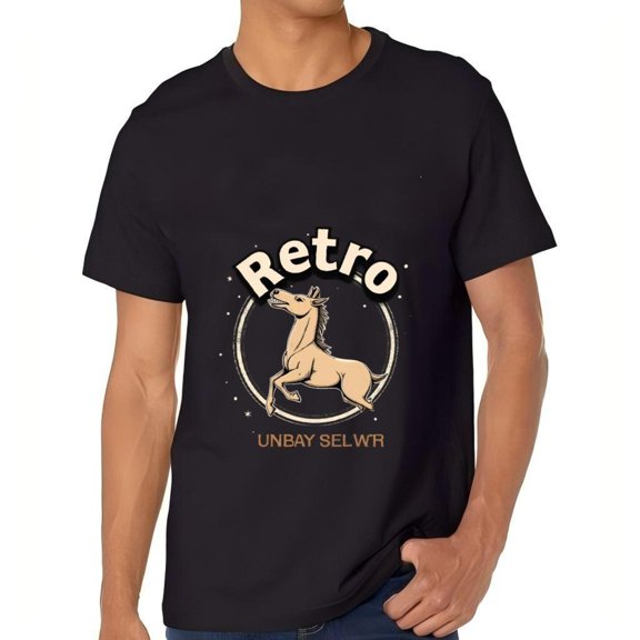 Men's Cotton Short Sleeve T-Shirt with Retro Horse Design - Vintage Style Tee with Bold ' Retro ' Text and ' UNBAY SELWR ' Print