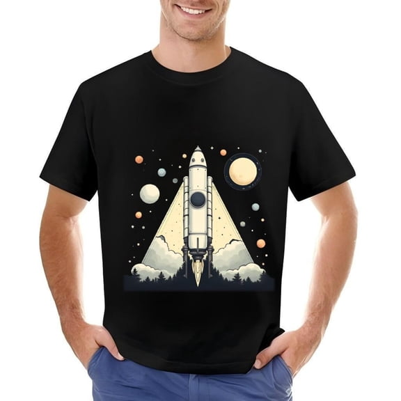 Men's Cotton Short Sleeve T-Shirt with Rocket Design Stars & Bodies Pattern & Exploration Theme