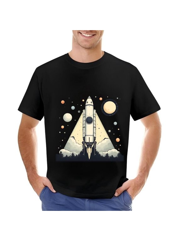 Men's Cotton Short Sleeve T-Shirt with Rocket Design Stars & Bodies Pattern & Exploration Theme