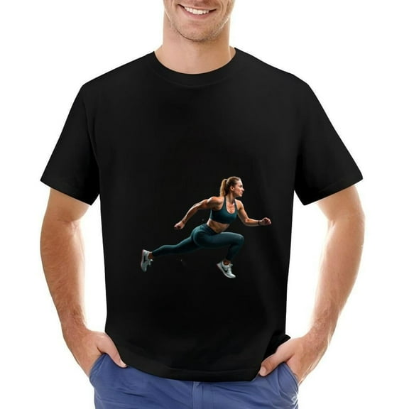 Men's Cotton Short Sleeve T-Shirt with Running Woman Graphic - Athletic Style Dark Background Perfect for Sports Enthusiasts
