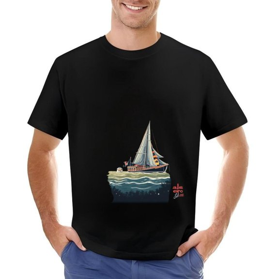 Men's Cotton Short Sleeve T-Shirt with Sailboat and Houseboat Design Night Sky Pattern Stars & Waves Comfortable Casual Tee