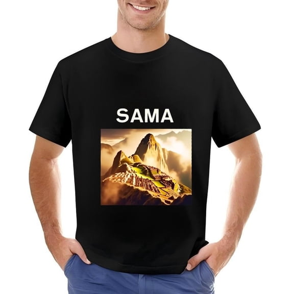 Men's Cotton Short Sleeve T-Shirt with Scenic Machu Picchu Design - Green Mountains & Misty Sky Pattern Perfect for Travel Enthusiasts