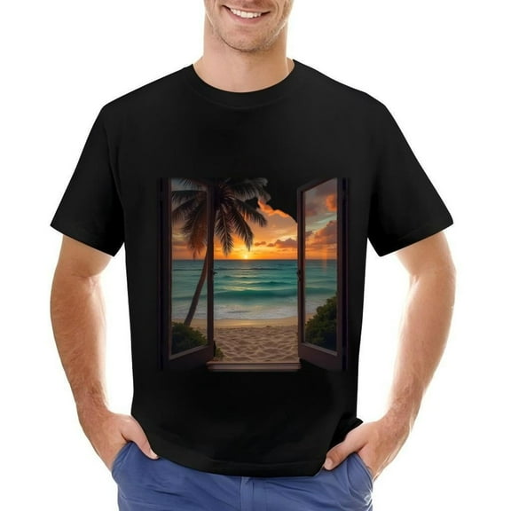 Men's Cotton Short Sleeve T-Shirt with Serene Beach Sunset Pattern - Relaxing Ocean Waves & Tree Design