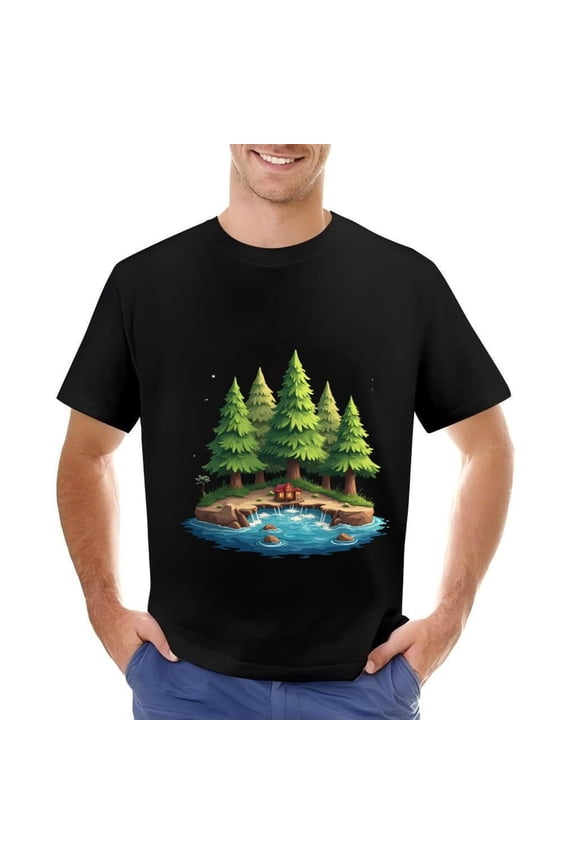 Men's Cotton Short Sleeve T-Shirt with Serene Forest Scene Print - Tranquil Pine Trees & Gentle Stream Design Perfect for Nature Lovers