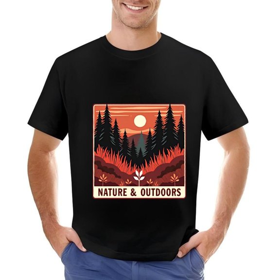 Men's Cotton Short Sleeve T-Shirt with Serene Forest Sunset Design - Tall Pine Trees & Vibrant Grasses - Nature & Outdoors Graphic Tee