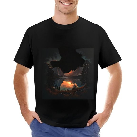 Men's Cotton Short Sleeve T-Shirt with Serene Sunset Lake Reflection Design Pine Trees & Mountain - Perfect for Nature Lovers
