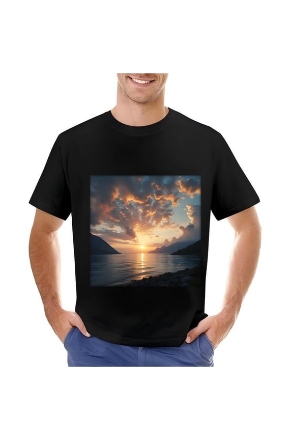 Men's Cotton Short Sleeve T-Shirt with Serene Sunset and Mountain Reflection Design - Vibrant Colors and Dramatic Clouds Pattern