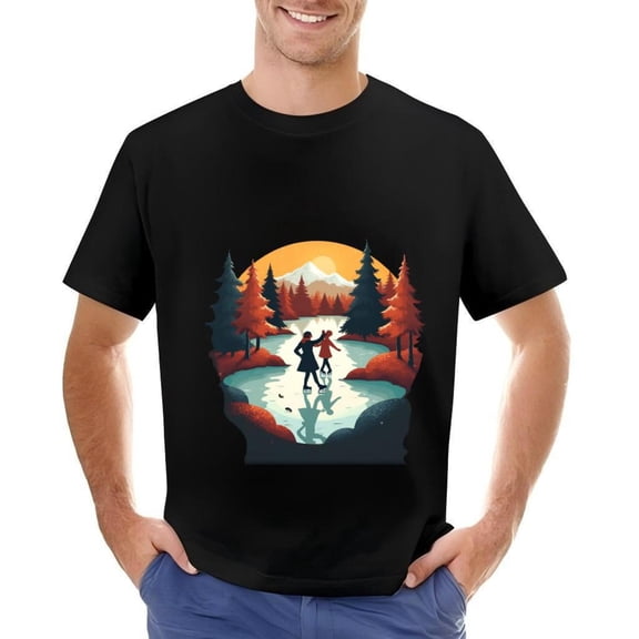 Men's Cotton Short Sleeve T-Shirt with Serene Winter Landscape Print - Frozen River Pine Trees & Majestic Mountains Design