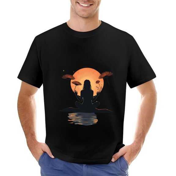Men's Cotton Short Sleeve T-Shirt with Serene and Sunset Reflection Design