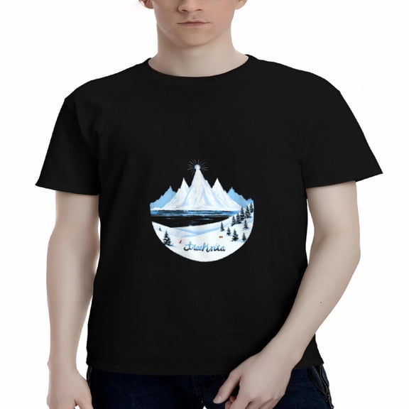 Men's Cotton Short Sleeve T-Shirt with Snowy Mountain Landscape Design Blue Cursive Text Perfect for Outdoor Enthusiasts