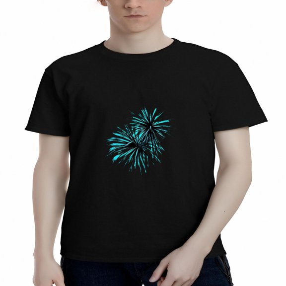 Men's Cotton Short Sleeve T-Shirt with Striking Blue Fireworks Graphic Design - Symmetrical Pattern on Black Background