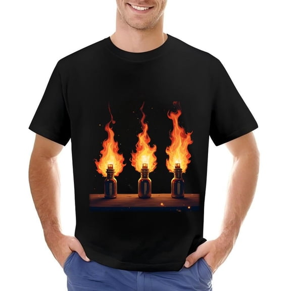 Men's Cotton Short Sleeve T-Shirt with Striking Design of Three Lit Bottles on Wooden Surface Flames Effect Dark Background