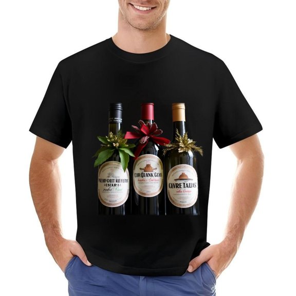 Men's Cotton Short Sleeve T-Shirt with Stylish Bottle Design - Keefe & Co Labels Red Ribbon & Gold Leaves