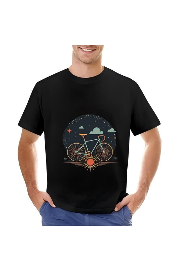 Men's Cotton Short Sleeve T-Shirt with Stylized Bicycle Design Orange & Black Effect Clouds & Star Pattern