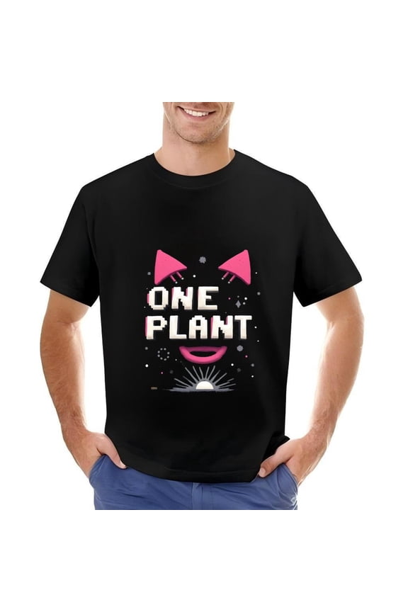 Men's Cotton Short Sleeve T-Shirt with Stylized Cat Face Pink Ears Pixelated ' ONE PLANT ' Text Whimsical Sun & Stars Design