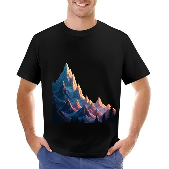 Men's Cotton Short Sleeve T-Shirt with Stylized Mountain Range -New