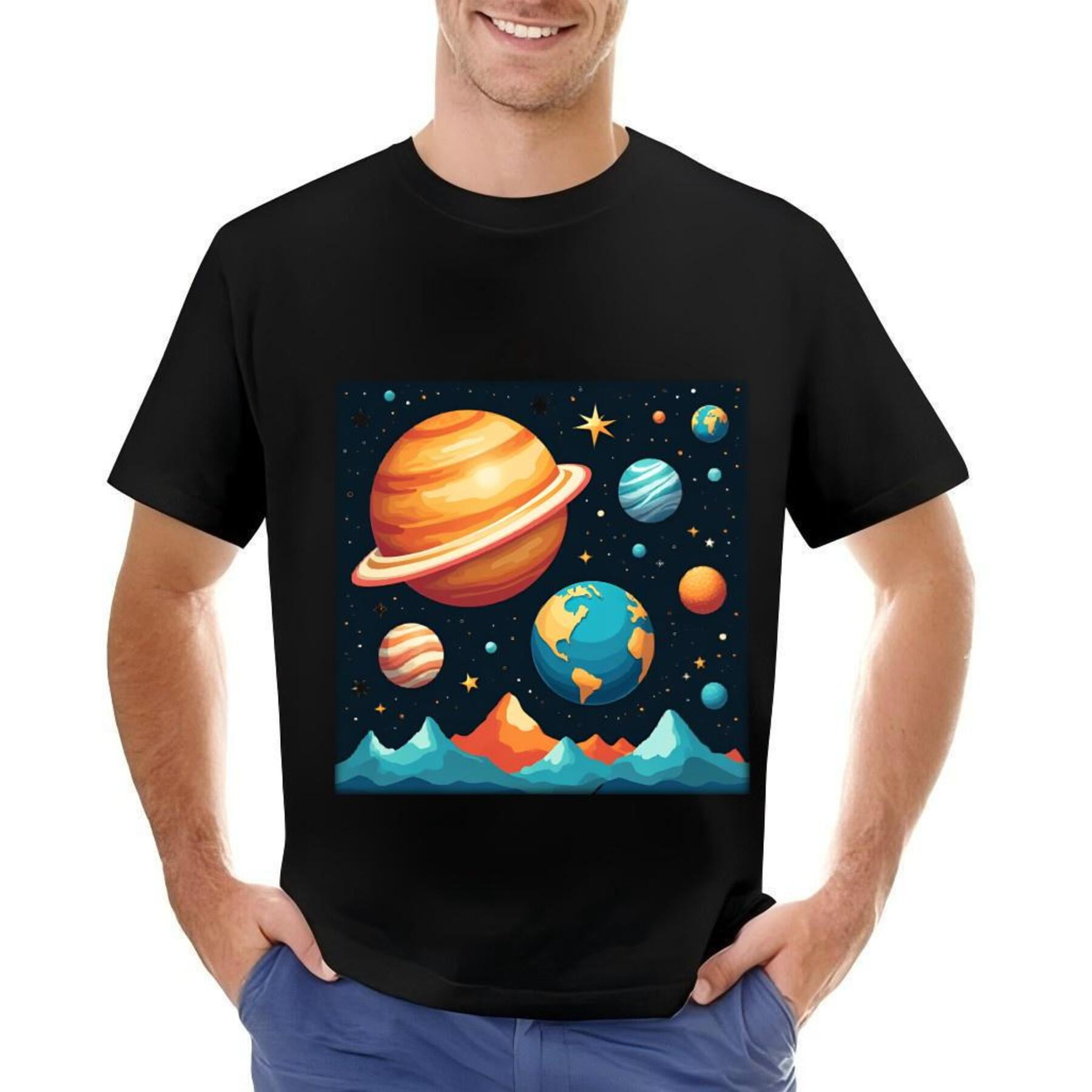 Men's Cotton Short Sleeve T-Shirt with Stylized Solar System Design ...