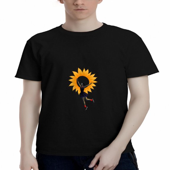 Men's Cotton Short Sleeve T-Shirt with Stylized Sun Graphic Black Face & Orange Dynamic Figure with Red Shoes & Tail