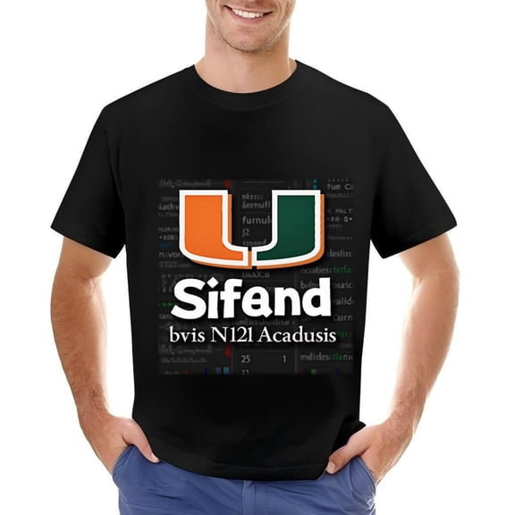 Men's Cotton Short Sleeve T-Shirt with Stylized ' U ' in Orange & Green Code Pattern Design ' Sifand bvís N121 Acadusis ' Text