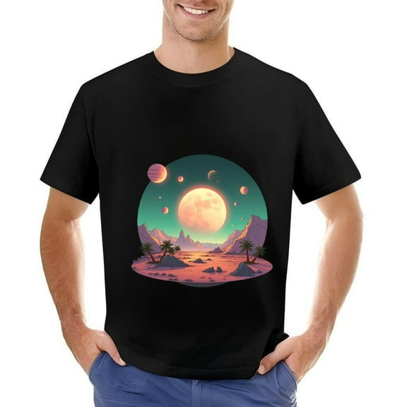 Men's Cotton Short Sleeve T-Shirt with Surreal Desert Landscape Design Featuring Trees and Moons - Vibrant Colors of Orange Pink and Purple