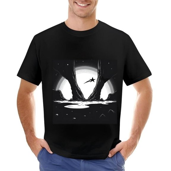 Men's Cotton Short Sleeve T-Shirt with Surreal Landscape Design - Black and White Illustration of Body and Reflective Surface
