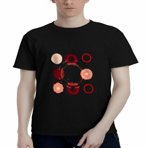 Men's Cotton Short Sleeve T-Shirt with Symmetrical Red Circular Patterns - Hexagonal Design on Black Background - Stylish Tee Top