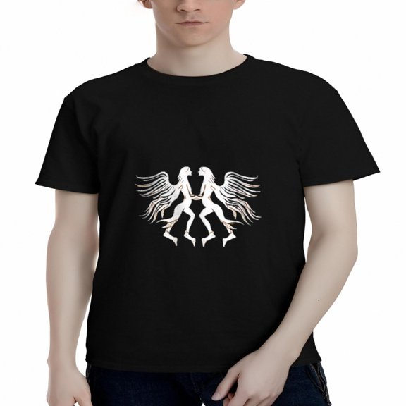 Men's Cotton Short Sleeve T-Shirt with Symmetrical Winged Graphic Design - Mythical Creature Emblem on Black Background