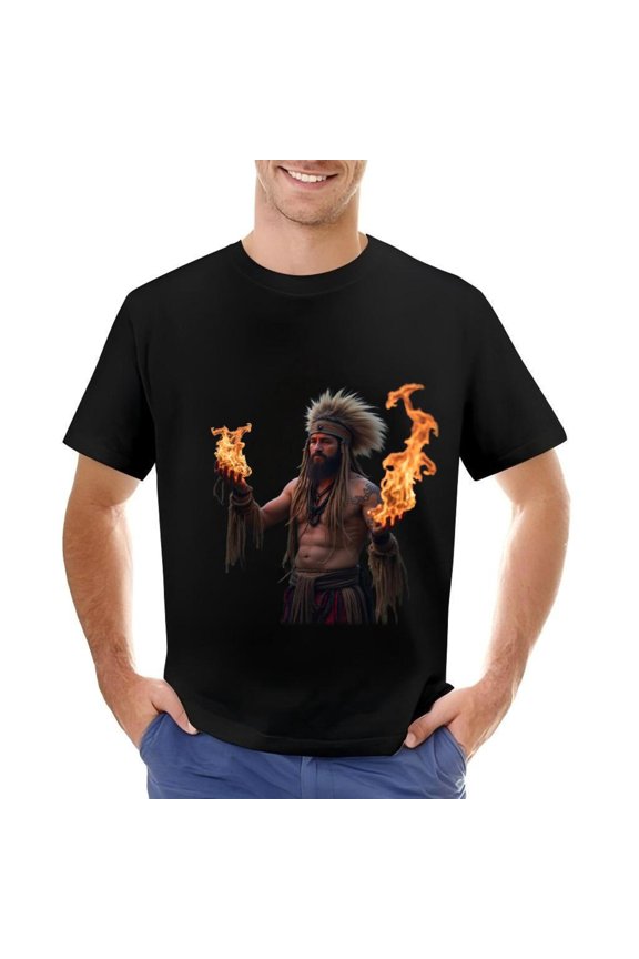 Men's Cotton Short Sleeve T-Shirt with Tribal Flame Design - Vibrant Headdress & Art Dark Background