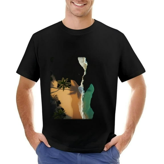 Men's Cotton Short Sleeve T-Shirt with Tropical Beach Scene Print - Vibrant Ocean & Trees Design Perfect for Summer Casual Wear