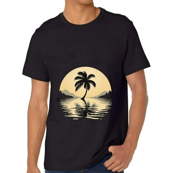 Men's Cotton Short Sleeve T-Shirt with Tropical Palm Tree Reflection Design - Serene Sunset Vibes Perfect for Casual Wear