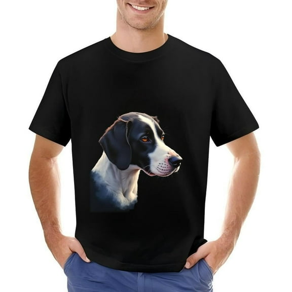 Men's Cotton Short Sleeve T-Shirt with Unique Black and White Dog Design Featuring a Striking Orange Eye - Stylish and Comfortable Casual Wear
