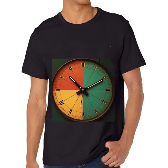 Men's Cotton Short Sleeve T-Shirt with Unique Clock Design Featuring Four Colored Time Zones Hands at 10:10 Dark Background