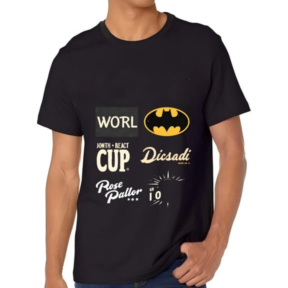 Men's Cotton Short Sleeve T-Shirt with Unique Designs: ' WORL ' Yellow Bat Symbol ' Jonth - React Discsadi Rose Pellar ' and ' 10 ' with Star Pattern