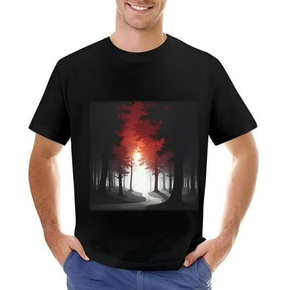 Men's Cotton Short Sleeve T-Shirt with Unique Forest Design - Mysterious Trees & Glowing Light Contrast - Perfect for Nature Lovers