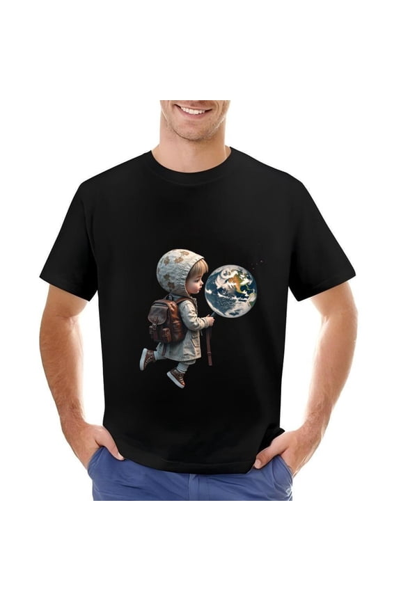 Men's Cotton Short Sleeve T-Shirt with Unique Globe and Stick Pattern Design - Inspired Graphic Tee