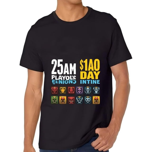 Men's Cotton Short Sleeve T-Shirt with Unique Graphic Design - " 25 AM PLAYO ' S €100 1 AO DAY " & Colorful Faces