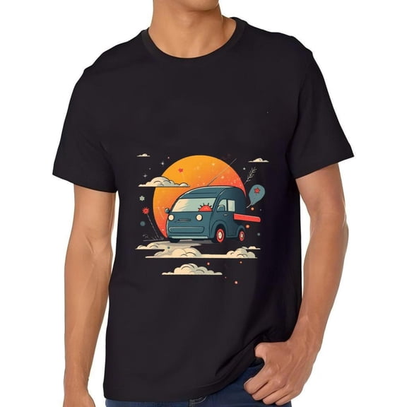 Men's Cotton Short Sleeve T-Shirt with Unique Van and Design - Sunrise/Sunset Sky Clouds & Flowers Pattern Tee