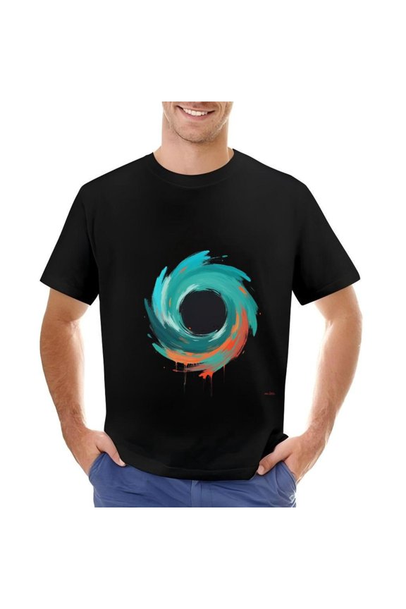 Men's Cotton Short Sleeve T-Shirt with Vibrant Abstract Design in Teal Orange & Black - Artistic Drips & Splatter