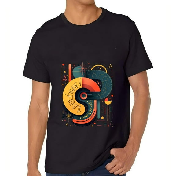 Men's Cotton Short Sleeve T-Shirt with Vibrant Abstract ' S ' Design in Yellow & Orange Geometric Shapes in Red Green & Blue