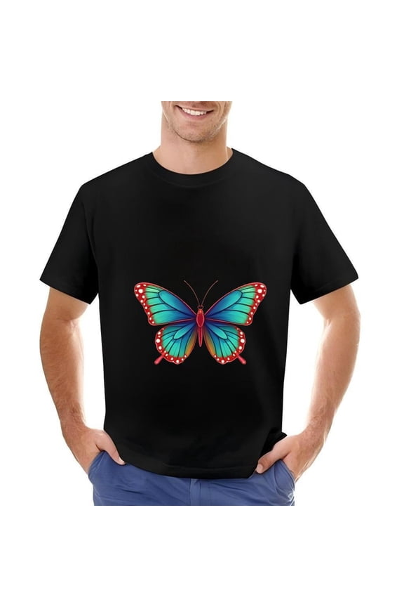 Men's Cotton Short Sleeve T-Shirt with Vibrant Blue Butterfly Design - Colorful Red and White Accents on Black Fabric