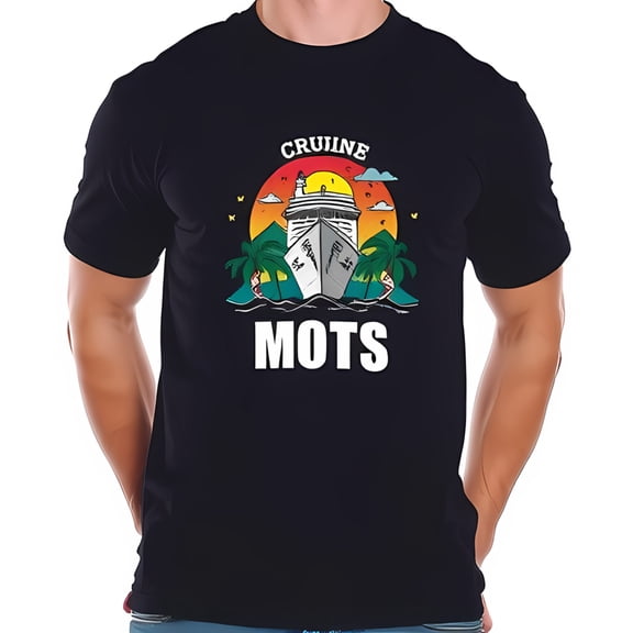 Men's Cotton Short Sleeve T-Shirt with Vibrant Boat Graphic Design and Tropical Sunset " CRUINE MOTS "